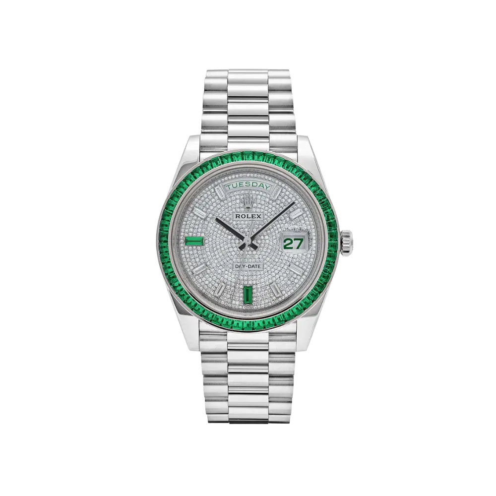 Rolex Day-Date 40 228396TEM Platinum Diamond Dial Emerald Bezel