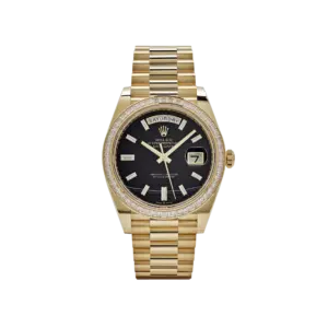 Rolex Day-Date 40 228398TBR Yellow Gold Onyx Baguette Diamond Dial Baguette Bezel
