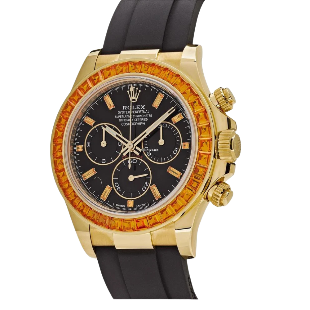 Rolex Daytona Yellow Gold Orange Sapphire Bezel Black Dial 116588SACO - Image 3