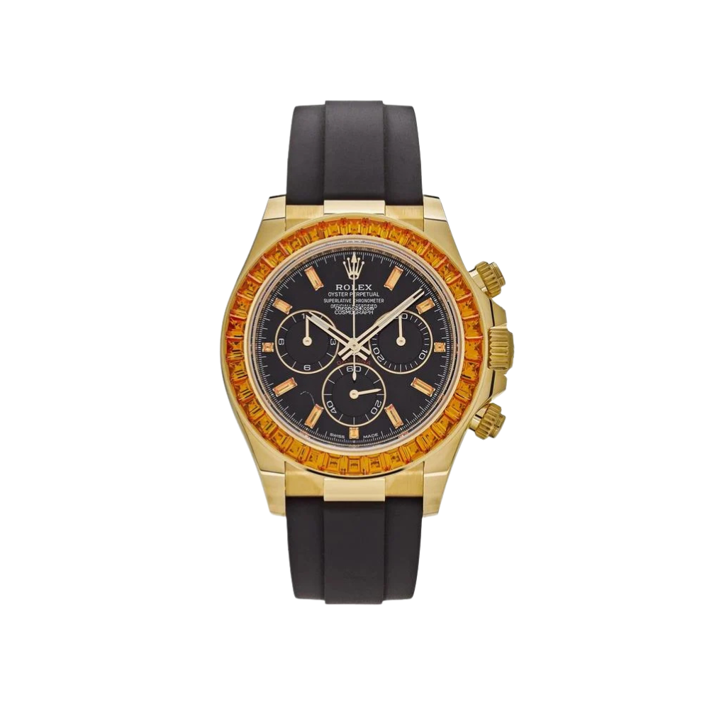 Rolex Daytona Yellow Gold Orange Sapphire Bezel Black Dial 116588SACO