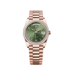 Rolex Day-Date 36 Everose Gold & Diamond Bezel Green Dial 128395TBR – Luxury President Watch
