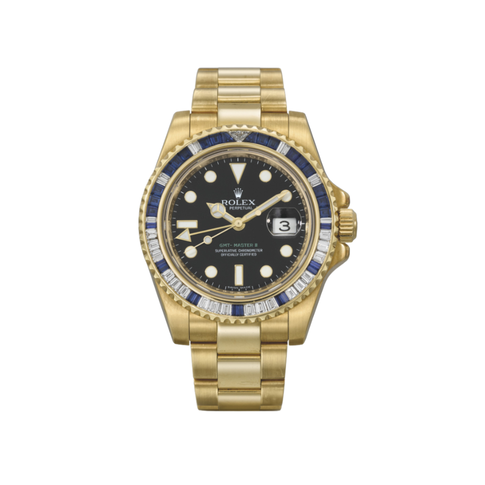 Rolex GMT-Master II 116748SA Yellow Gold Sapphire and Diamond Bezel Black Dial